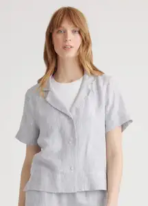 Quince Blue White Stripe Button Down Short Sleeve Blouse 100% Linen Women Small