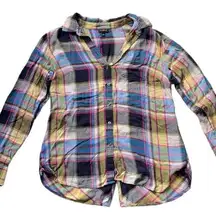 Talbots Flannel Button Down Shirt Plaid Long Sleeve Blue Pink Size S