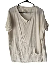 Ruff Hewn‎ Shirt Womens Large White Short Sleeve Button V Neck Pocket Casual Top