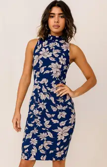 Lulus Small Sleeveless Blue Mock Neck Floral Short Dress Size Small