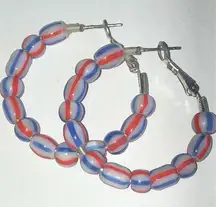 Silver Tone Red White Blue Stripes Beaded Boho Pierced Hoop Earrings