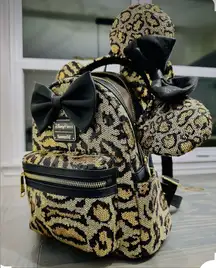 Loungefly leopard sequin Minnie Mouse mini backpack & authentic Disney ears set