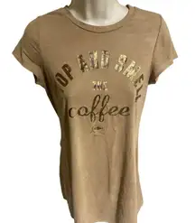 Papaya Golden slogan STOP AND SMELL THE COFFEE Tan brown Camel velvet short dress S