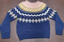 Fair‎ Isle Knit Sweater Women’s Med Navy Gold Sparkle Pink White Winter Crewneck