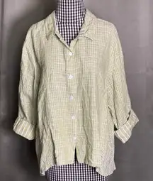 Habitat Womens Size XL Top Button Down Collared High Low Plaid Green White Linen
