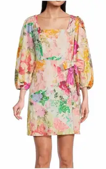 VINCE CAMUTO Floral Cotton Linen Mini Dress Tie‎ Waist Pink Green Size 2 6 New