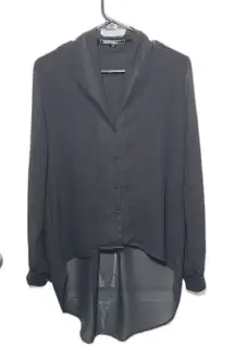 Love Stitch Black Sheer High Low Blouse Small‎ Top Shirt S Long Sleeve Collared