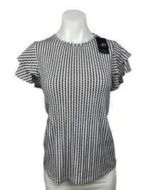 Adrianna Papell NWT Black Houndstooth Flutter Sleeve Crewneck Blouse Top Size XS