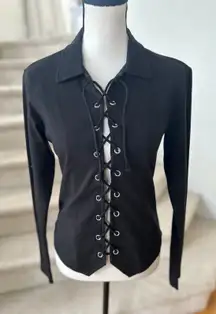 Vintage 90s Whimsygoth Fairy Grunge Black Lace Up Corset Long Sleeve T-Shirt