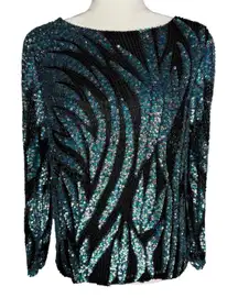 Vintage Oleg Cassini Blouse Small Beaded‎ 100%  Silk Formal Long Sleeve Evening