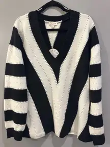 Umgee Black and White Striped V-Neck Sweater