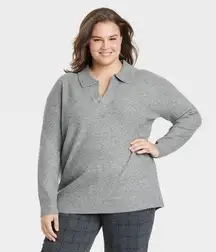 AND Gray Cozy Knit Polo Collar Pullover Sweater
