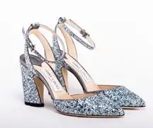 Micky 85 Coarse Glitter Ankle Block Heel Pumps Denim Mix Sz 40