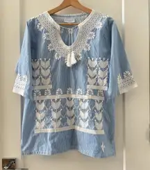Mi Golondrina Tunic Embroidered Blouse Blue White With Tassels Size S