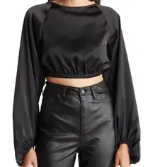WE WORE WHAT Billow Sleeve Satin Crop‎ Top Black Size XL