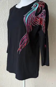 Bob Mackie Sequin Peacock Vintage 90s Rhinestone Eye Dolman Sleeve Top Black M