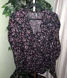 FREE PEOPLE Long Sleeve Button Down Floral Top with Puff Sleeves Size Large