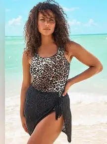Swimsuits For All Leopard Print One Piece Swimsuit Black Skirt Plus Size 34 NWT