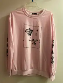 Romwe Womens Sweatshirt M Medium 40” Light Pink Black Rose Roses Graphic