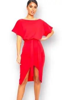 Wrap Front Red Flutter Kimono Sleeve Midi Dress Size 8 NWT