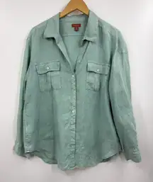 Tommy Bahama Relax Shirt Womens Large Green Blue Linen Button Front Pockets