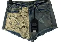 Mind Code Lace Detail Distressed Raw Hem Trim Short Denim Jean Shorts Women Sz S