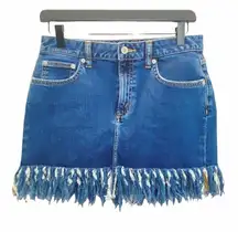 Tularosa Denim Skirt Blue Size 26 M Aubrey Fringe Raw Hem Medium Wash Pockets