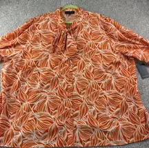 ELOQUII Plus Size 28 Orange White Leaf Print Tie Neck Button Up Blouse Career