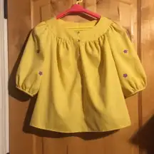 Vintage Unbranded Yellow Purple Floral Embroidery 3/4 Bishop Sleeve Top EUC M