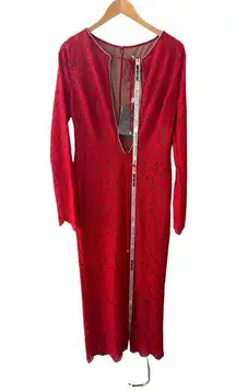 House of CB Lisandra Lace Maxi Dress Red Trim Cutout Long Sleeve Large NWT