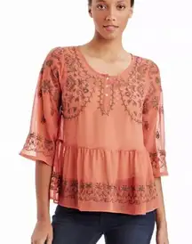 Pennies Sequel Semi-Sheer Rust Embroidered 3/4-Slv Blouse Top VGUC XS