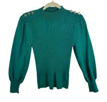 Adrianna Papell Green Cable Knit Lightweight Crew Neck Sweater Button Detail M