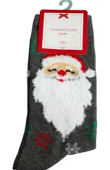 Charter Club Women's Holiday Crew Socks - Santa and Snowflakes on Grey Socks