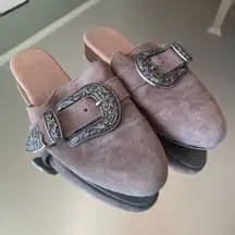 Beige Champagne Suede Western Silver Buckle Slides