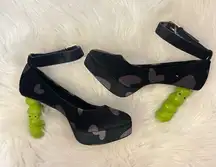 Pocketbean Retro Funky Black Heart Print Froggy Heel Shoes 9