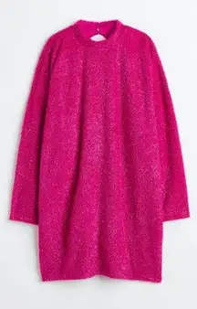 H&M  Glam Hot Pink Glittery Eyelash Tinsel Fuzzy Back Cut Out Sweater Dress XS