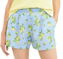LOFT Lemon Print Pull On Shorts Blue Linen Elastic Waist Size Large with pockets
