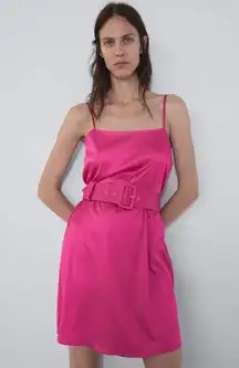 ZARA NEW  Satin Effect Belted Mini Dress in Hot Pink Barbiecore