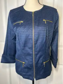 Laura Ashley Blue Geometric Jacquard Zipper Jacket Size M