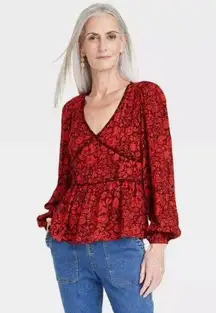 Knox Rose Top Long Sleeve V-Neck Embroidered Boho Blouse Red Size XS NWT