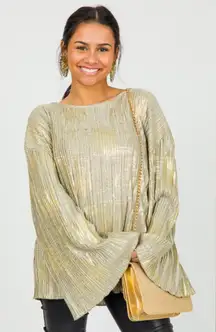 Ashley Stewart Shimmery Ribbed Gold Egret Sz 14/16 Bell Sleeve