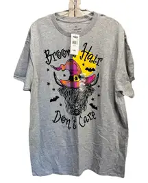 Gray Broom Hair Don't Care‎ Graphic Short Sleeve T-shirt Size XL Halloween Cow