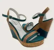 Gianna Vegan Teal Blue Brown Cork Ruffle 1" Platform 5" Cork Wedge Sandal 8.5 9