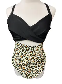 Summer Mae Colorblock Ruching‎ Cross Back High Waist One-Piece Bikini Size L NWT