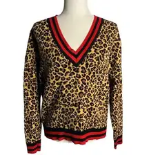 Asos Leopard Print V Neck Sweater 4 Brown Ribbed Knit Sport Trim Long Sleeves
