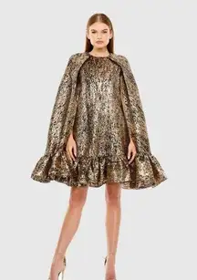 Mac Duggal  NWT High Neck Cape Sleeve Metallic Trapeze Dress in Bronze Size S