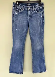 Suki womens 29/31 medium wash mid rise slim bootcut Distressed blue