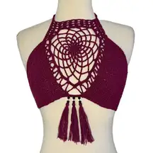 LAKHAYS Crochet Dream Catcher Halter Crop Top Tasseled Beaded Maroon One Size