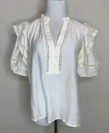 Cream Short Sleeve Blouse Cutout Lace Trim Ruffle Neck Sz Small Joy Joy