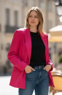 NWT ZARA Hot Pink Metallic Blazer Iridescent Pleated Power Jacket Fuchsia Blazer